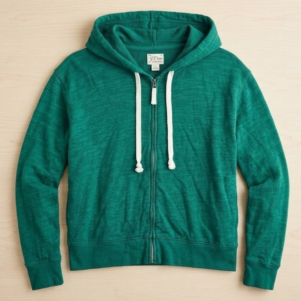 J. Crew Vintage Fleece Hoodie Womens Small Green Full Zip Cotton Athleisure